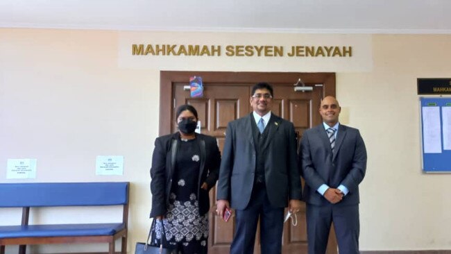 Greg Jenkins (right) with legal team from Raveen Associates, (L-R) Asmeeta Rajendran and S. Raveen Tharan, at the inquest in Malaysia into the disappearance of his mother Annapuranee “Anna” Jenkins. Pictures: Supplied by Jen Bowen.