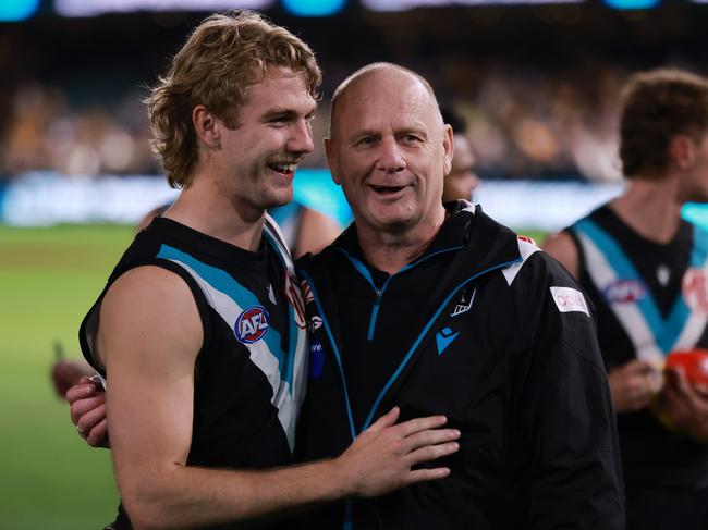 Horne-Francis with coach Ken Hinkley. Picture: James Elsby/AFL Photos