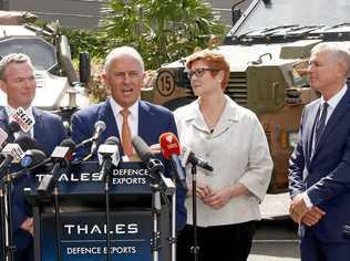 ARMS SALES: (L-R) Minister for Defence Industry, Christopher Pyne, Prime Minister Malcolm Turnbull, Minister for Defence Marise Payne and Thales CEO Chris Jenkins unveil a new plan to boost Australian defence exports with an aim to move up the global rankings to be in the top 10. Picture: DANIEL MUNOZ