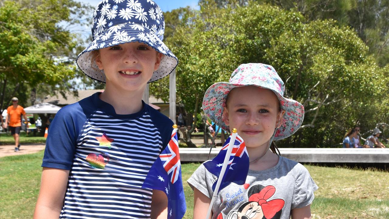 Jessica Shaugnessy, 7 and Matilda Hutchinson, 7 proudly fly their Aussie flags.