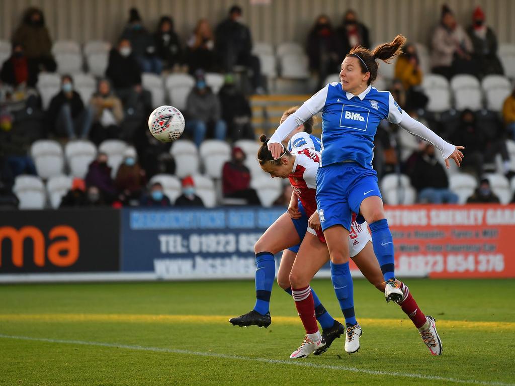 Caitlin Foord (centre) heads home Arsenal’s first goal in their 3-0 win over Birmingham City. Picture: Justin Setterfield/Getty Images