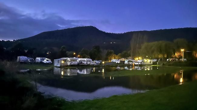 New Norfolk Caravan Park that has been evacuated due to rising flood waters from the Derwent River. Picture: Michelle Dracoulis