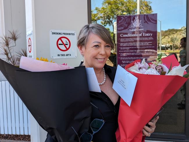 Flowers were delivered to Darwin Local Court addressed to Darwin ex-real estate agent Suzanne Lee Milgate ahead of her assault hearing on Monday, May 13.