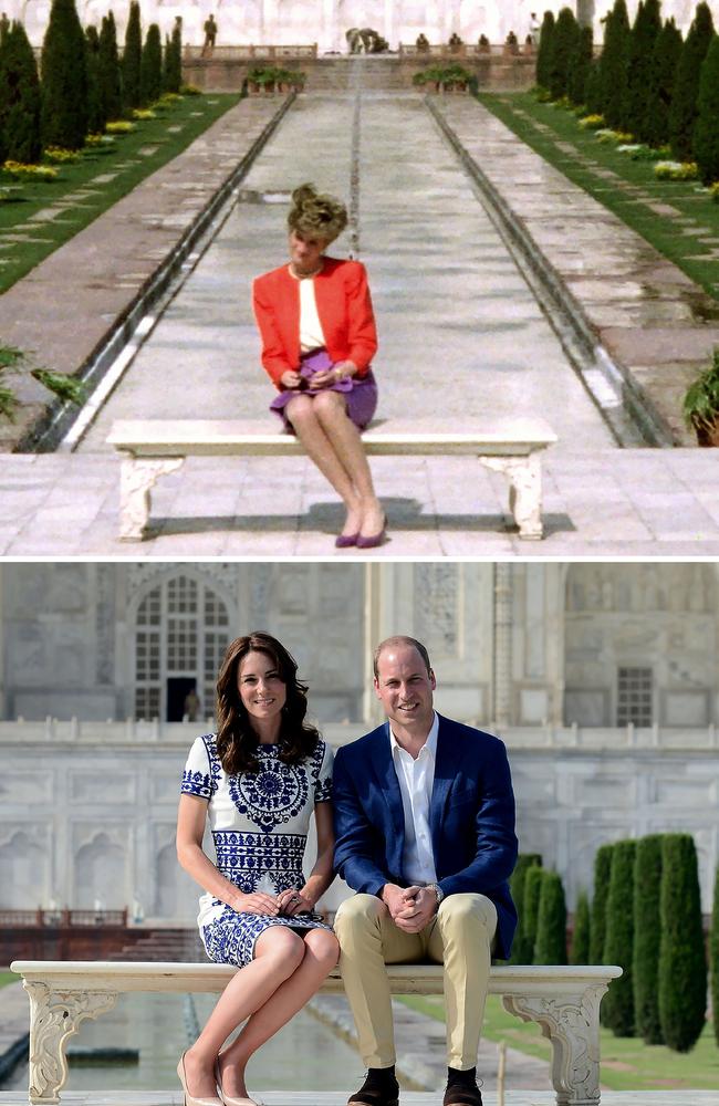 The late Princess Diana of Wales (top) at The Taj Mahal in Agra on February 11, 1992, and Prince William and Kate (bottom) at the same location on April 16 this year. Both ladies wore outfits cut above the knee.