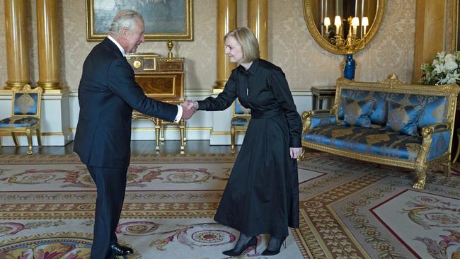 King Charles III receives Prime Minister Liz Truss in the 1844 Room at Buckingham Palace. Picture: Getty Images.