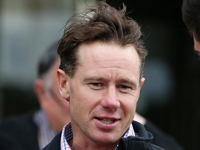 Trainer Patrick Payne is seen after jockey Aaron Kuru rode Tallyho Twinkletoe to victory in race 6, Grand National Hurdle during the Grand National Race Day at ladbrokes Park in Melbourne, Sunday, August 4, 2019.  (AAP Image/George Salpigtidis) NO ARCHIVING, EDITORIAL USE ONLY