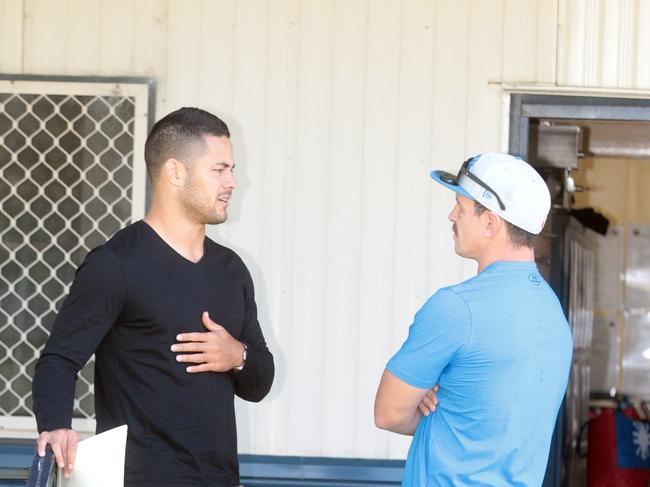 Jarryd Hayne chats with Greg Bird. Picture: Richard Gosling