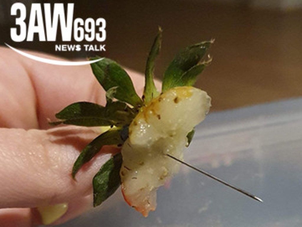 The woman had to be taken to hospital after biting into the strawberry and finding this needle Picture: 3AW