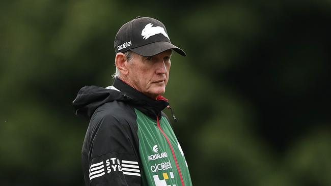 SYDNEY, AUSTRALIA - MARCH 09: Rabbitohs head coach Wayne Bennett looks on during a South Sydney Rabbitohs NRL training session at Redfern Oval on March 09, 2020 in Sydney, Australia. (Photo by Mark Metcalfe/Getty Images)