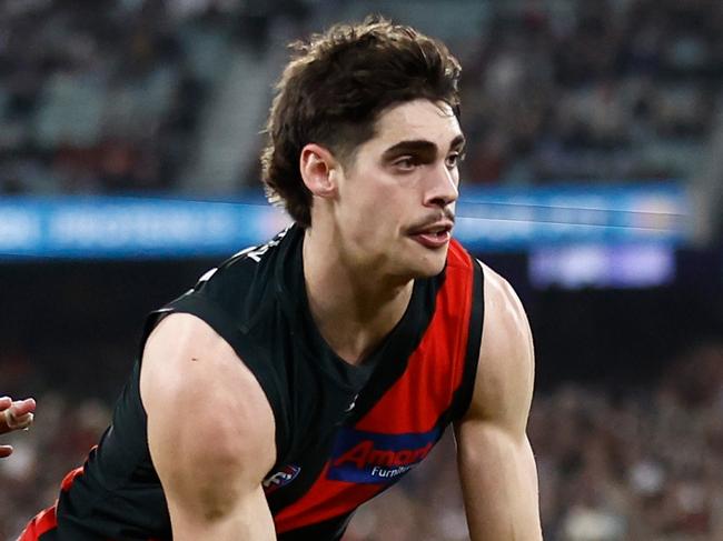 MELBOURNE, AUSTRALIA - AUGUST 25: Brandon Zerk-Thatcher of the Bombers and Daniel McStay of the Magpies in action during the 2023 AFL Round 24 match between the Essendon Bombers and the Collingwood Magpies at Melbourne Cricket Ground on August 25, 2023 in Melbourne, Australia. (Photo by Michael Willson/AFL Photos via Getty Images)