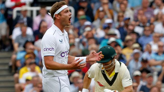 England's Stuart Broad reacts after bowling to David Warner on day one of the second Ashes cricket Test match between England and Australia. Picture: AFP