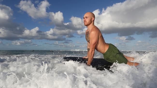 Professional bodyboarder Jake Stone has miraculously recovered from a compound fracture to his lower leg ,and gets a quick surf in at Tugun before heading off to compete at one of the most dangerous waves in the world. Picture Glenn Hampson