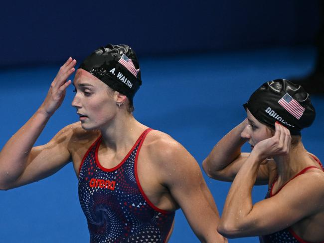 Alex Walsh (left) reacts after being disqualified, next to her teammate Kate Douglass. Picture: AFP