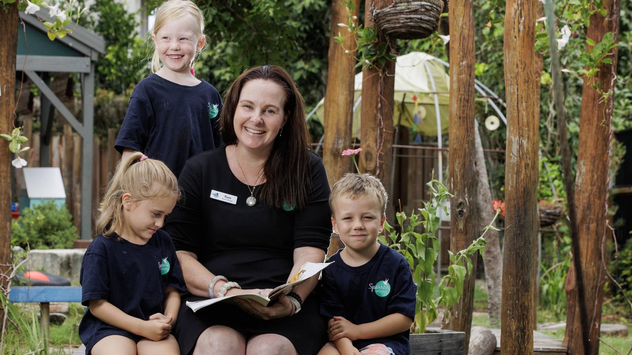 Early Learning teacher Kasey Paterson with Matilda Dyke, 4, Zephie Hurley-Jones, 4, and Cooper Murphy, 4, at Sparrow Early Learning Centre at Tewantin. Picture: Lachie Millard