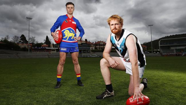 Huonville captain Callum Rawson and Cygnet captain Adam Duggan ahead of their SFL grand final clash at North Hobart Oval on Saturday. Picture: Zak Simmonds