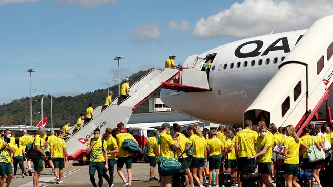 Australian athletes board their charter flight at Cairns Airport on Saturday as they head to Tokyo for the 2020 Olympic Games. Picture: Getty