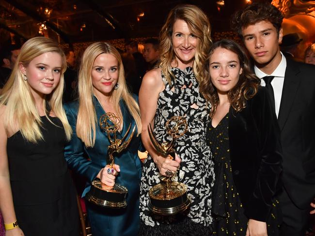 Ava Elizabeth Phillippe, Reese Witherspoon, Laura Dern with her children Jaya Harper and Ellery Walker Harper attend the HBO’s Official 2017 Emmy After Party. Picture: Jeff Kravitz/FilmMagic