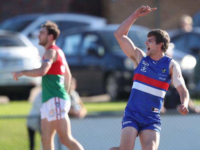 Josh Brown celebrates a goal for Mornington against Pines on Saturday. Picture: David Crosling