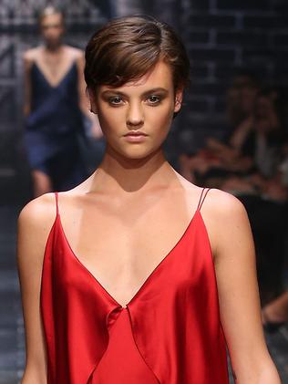 Pixie cut ... Cox in a design by Michael Lo Sordo during a rehearsal for the David Jones Autumn/Winter 2015 Collection Launch. Picture: Brendon Thorne/Getty Images for David Jones