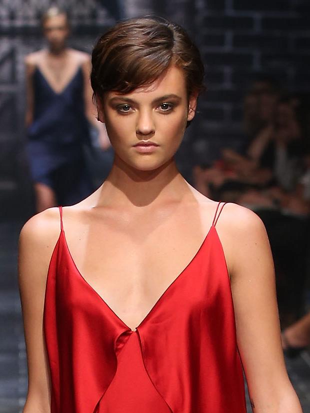 Pixie cut ... Cox in a design by Michael Lo Sordo during a rehearsal for the David Jones Autumn/Winter 2015 Collection Launch. Picture: Brendon Thorne/Getty Images for David Jones