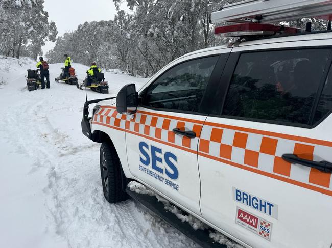 Emergency crews rescued more than 20 people after their vehicles became stuck near Hotham heights on the weekend. Picture: VICSES