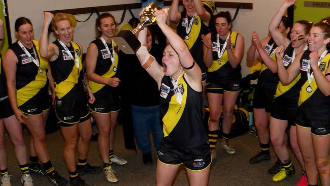 Kyneton celebrates its 2022 RDFNL Women’s premiership. Picture: Josh Chadwick