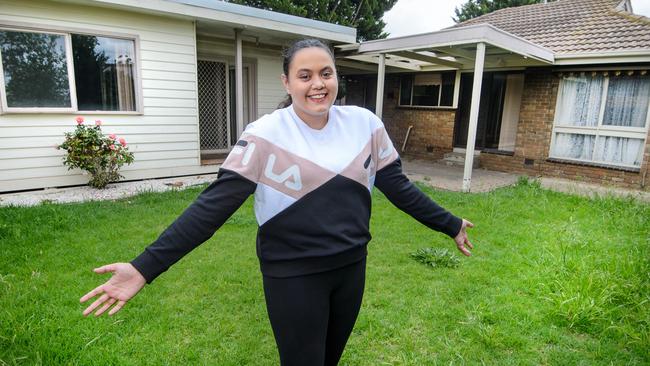 Aaliyah Ingram at her first home in Melton, which she bought in October. It's for a story on the Melbourne suburbs where it's cheaper to buy than rentPicture: Jay Town