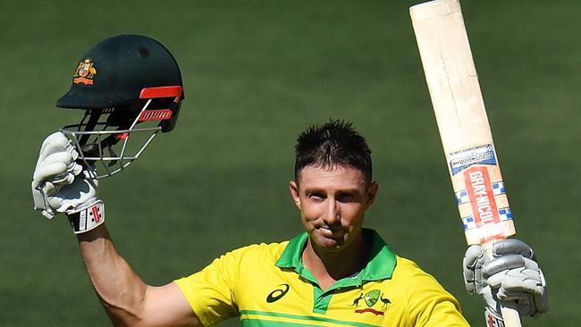 Shaun Marsh salutes after reaching his ton in the second ODI against India. Picture: Getty