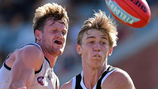 Todd Marshall, right, up against Tom Jonas in Port Adelaide's first intra-club at Alberton, will be one of the Power players pushing for a Round 1 berth in AFLX. Picture: Tom Huntley