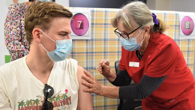 24-year-old Darwin resident Andrew Venes received his first shot of Pfizer on Tuesday. Picture: Natasha Emeck