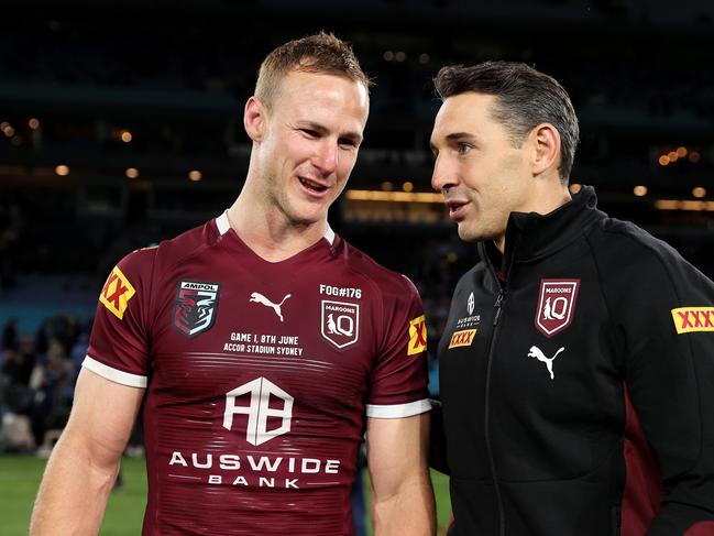 SYDNEY, AUSTRALIA - JUNE 08:  Maroons captain Daly Cherry-Evans and Maroons head coach Billy Slater celebrate victory after game one of the 2022 State of Origin series between the New South Wales Blues and the Queensland Maroons at Accor Stadium on June 08, 2022, in Sydney, Australia. (Photo by Mark Kolbe/Getty Images)