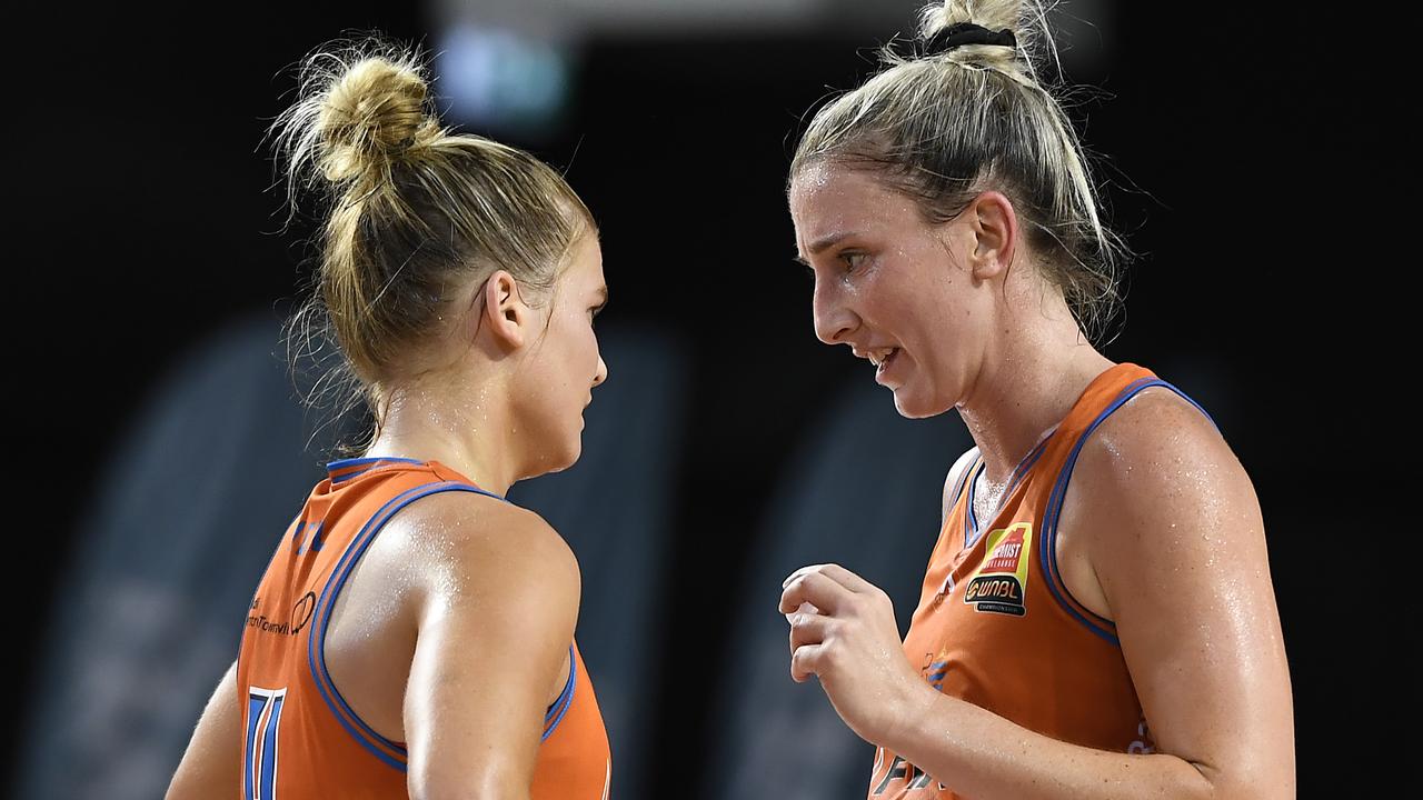 Lauren Nicholson of the Fire speaks to Shyla Heal during the round five WNBL match between the Townsville Fire and the Adelaide Lightning at Cairns Pop Up Arena, on December 11, 2020, in Cairns, Australia. (Photo by Albert Perez/Getty Images)