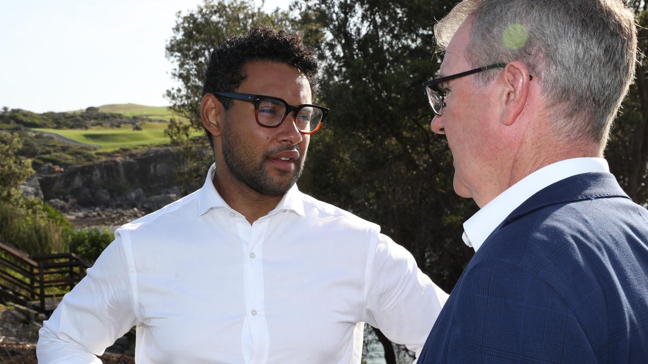 Randwick Mayor Dylan Parker (left) talks to Maroubra MP Michael Daley after the shark attack. Picture: John Grainger