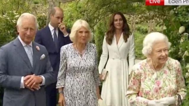 The Queen, Prince Charles, Camilla, Prince William and Kate Middleton at a dinner for G7 leaders in Cornwall. Picture: Sky News