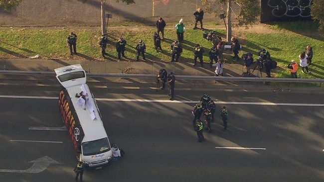 A climate protest has caused chaos for commuters with traffic brought at a standstill on a busy motorway. Picture: 9NEWS