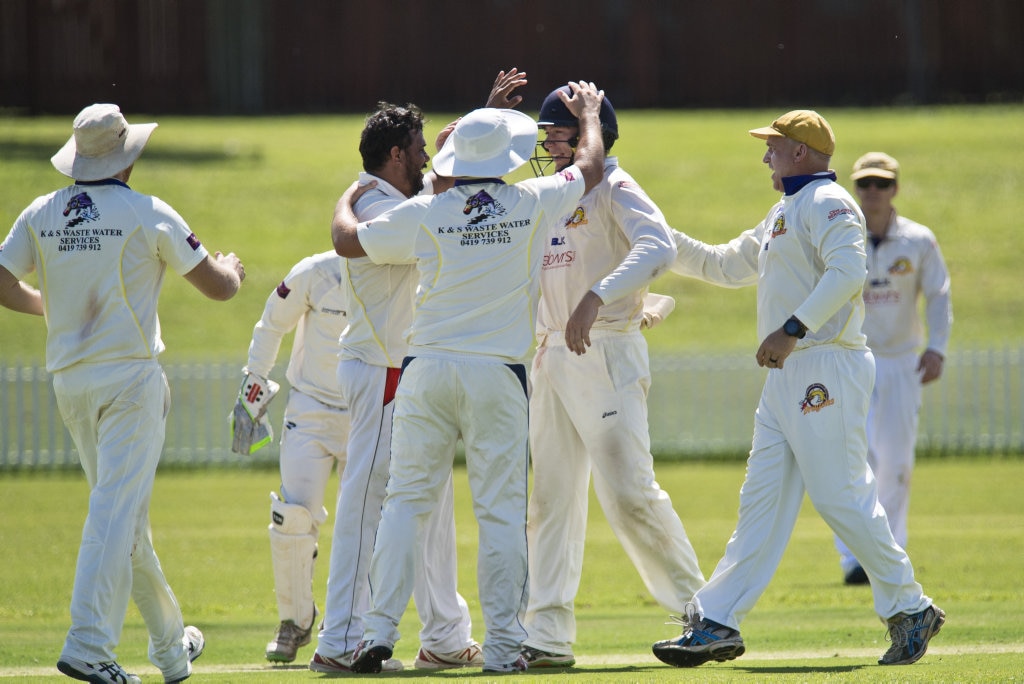 Northern Brothers Diggers celebrate getting James Bidgood of University out in round eight A grade Toowoomba Cricket at Rockville Oval, Saturday, March 7, 2020. Picture: Kevin Farmer