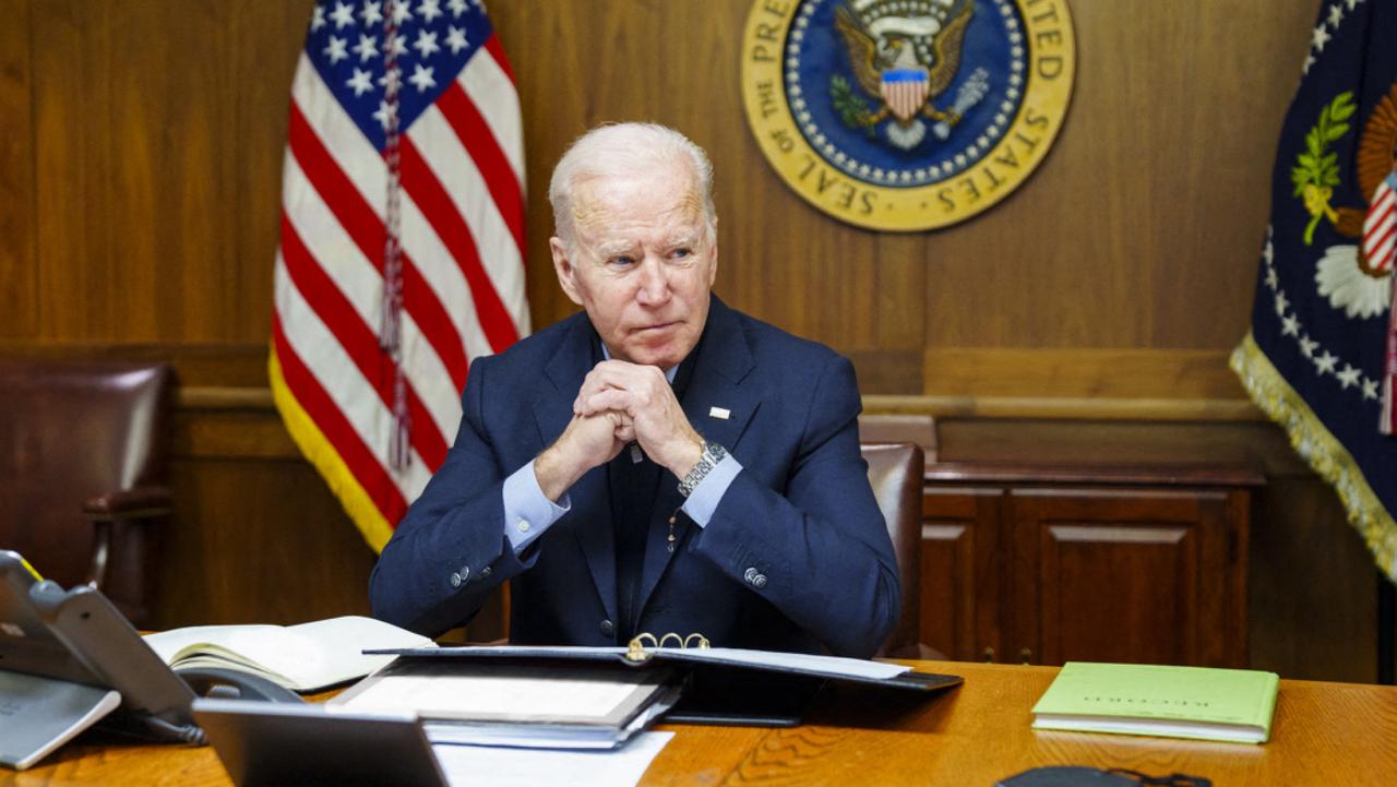 US President Joe Biden speaks with Russian President Vladimir Putin from the presidential retreat in Camp David, Maryland, on February 12, 2022. Picture: White House/AFP