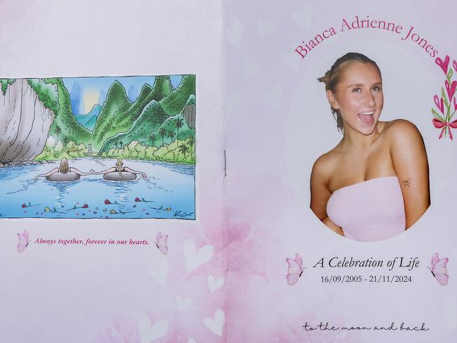 The service booklet for the funeral of Bianca Jones, 19, who died in Laos after methanol poisoning at a backpackers bar. Picture: NewsWire/Ian Currie