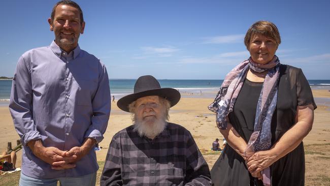 Surf Coast Mayor Mike Bodsworth, Wadawurrung Ngarrweet Uncle Mel and Wadawurrung Elder Aunty Mary ahead of the Pilk Purriyn event planned for Torquay on January 26.