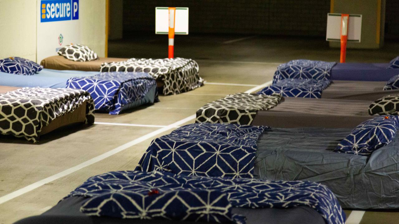 Beds set up ready for guests at the Brisbane carpark for the Beddown trial. Picture: supplied