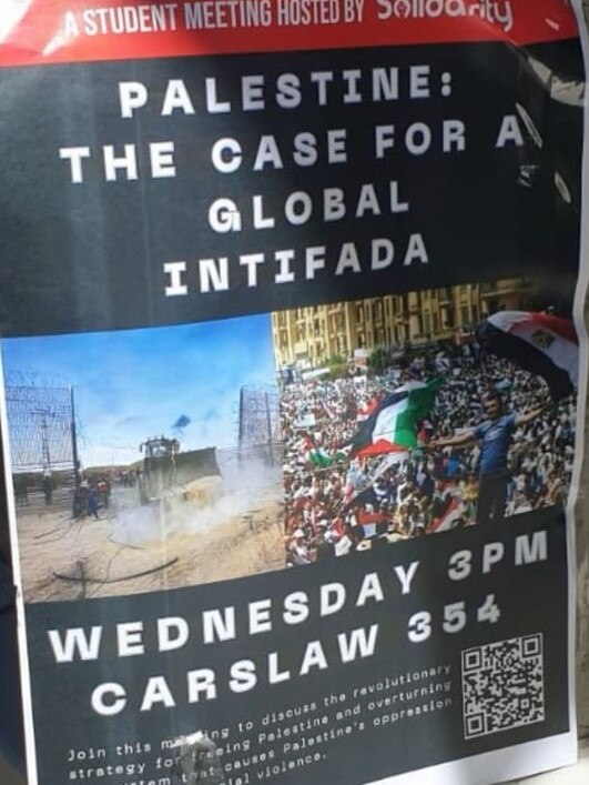 A poster advertising a pro-Palestinian meeting calling for a "global intifada" at The University of Sydney.