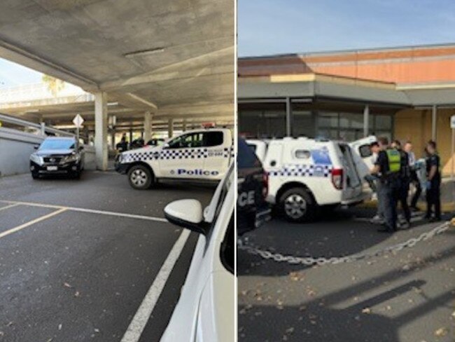 Three people have been arrested after a dramatic car chase ended in the car park of a shopping centre in Melbourne’s West Picture: 3AW.