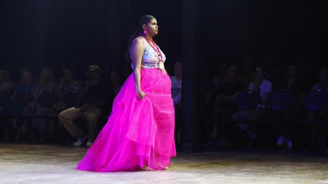 A model showcases the Taking Shape collection from designer Elverina Johnson at the Cairns Indigenous Art Fair fashion performance, Woven, held at the Tanks Arts Centre, Edge Hill. Picture: Brendan Radke