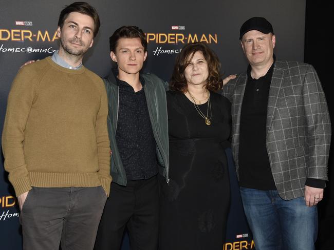 Jon Watts, from left, director of Spider-Man: Homecoming, with Tom Holland and producers Amy Pascal and Kevin Feige at CinemaCon 2017 at Caesars Palace, Las Vegas, on March 27. Picture: Chris Pizzello