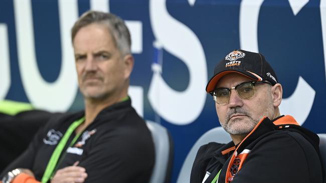 TOWNSVILLE, AUSTRALIA - JULY 01: West Tigers Board Director Lee Hagipantelis and CEO Justin Pascoe look on before the start of the round 18 NRL match between North Queensland Cowboys and Wests Tigers at Qld Country Bank Stadium on July 01, 2023 in Townsville, Australia. (Photo by Ian Hitchcock/Getty Images)