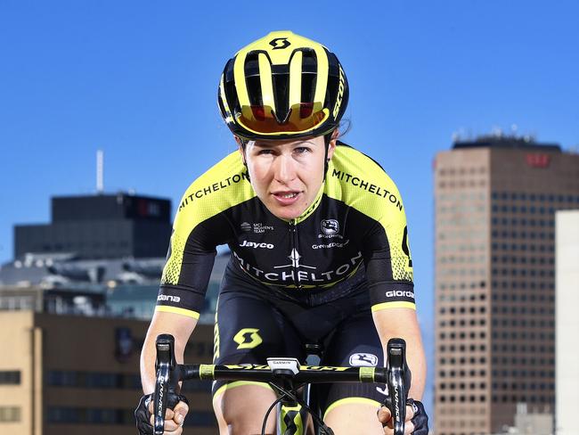 Women of the peloton 2018. Defending champion - Amanda Spratt riding for Mitchelton-SCOTT on the roof of the old RAH. Picture Sarah Reed