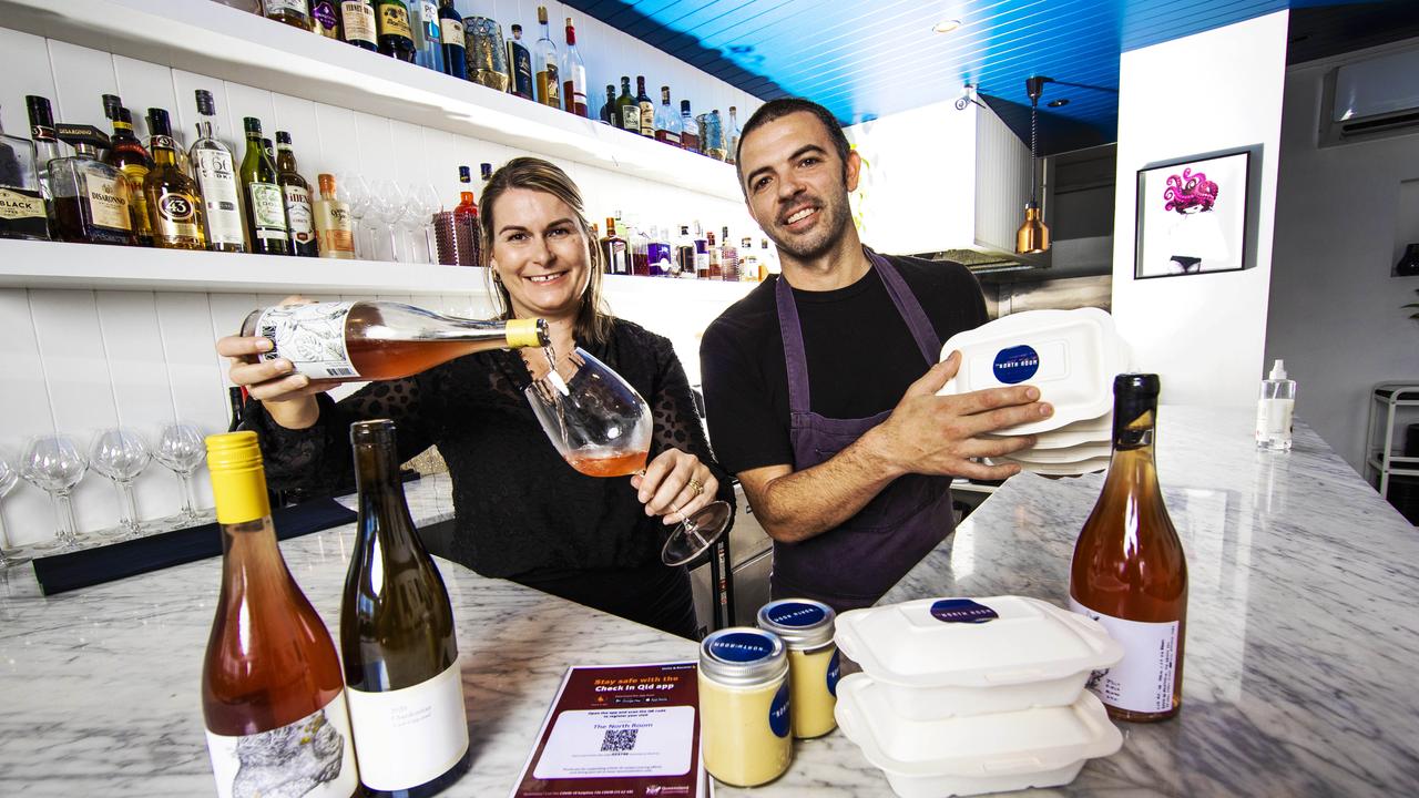 Shannon and Tim Stewart with wine and dinner packs at their restaurant The North Room, who launched a lockdown takeaway offering that sold out in under three hours. Picture: Nigel Hallett