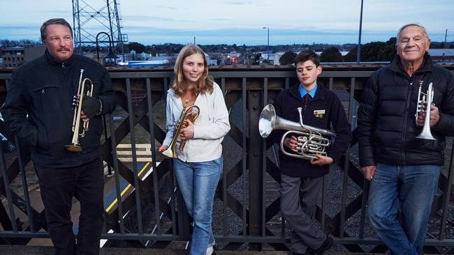 Orange brass band members Jeffrey Markham, Naomi Wright, Lachlan Grossman, and Graham Tracy. Picture: Graham Schumnn