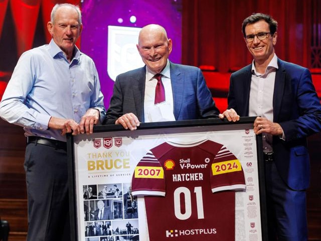 In a wide-ranging interview, Bruce Hatcher (middle) has called for Wayne Bennett (left) to be rugby league’s next Immortal, and backed Ben Ikin (right) to be the NRL’s next CEO.