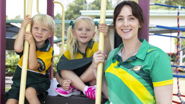 Woolooga State School principal Maggie Glynn with Liam and Ainsly on their first day of Prep.